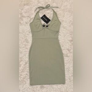 NEW PrettyLittleThing Ribbed Halterneck Bodycon Dress Sz 4 Sage Green Party Club